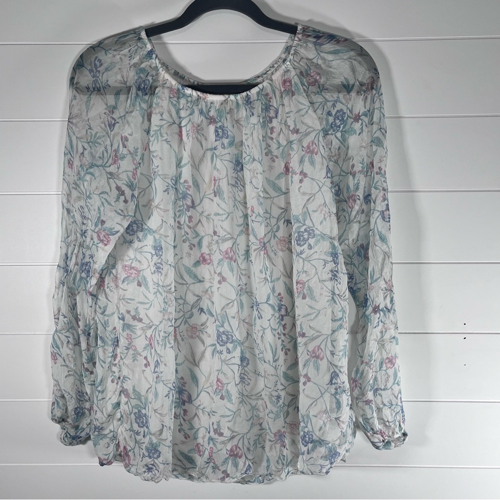 Floral Sheer Blouse - White with Pink and Blue Accents